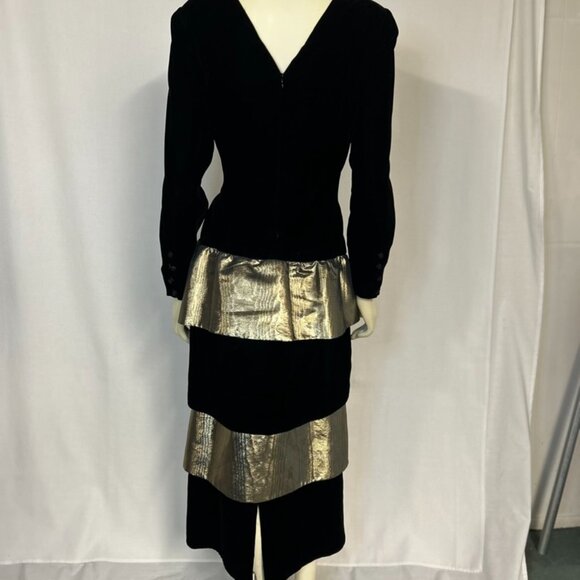 Vintage 80's Hanae Mori velvet and gold lamé dress - Picture 2 of 9